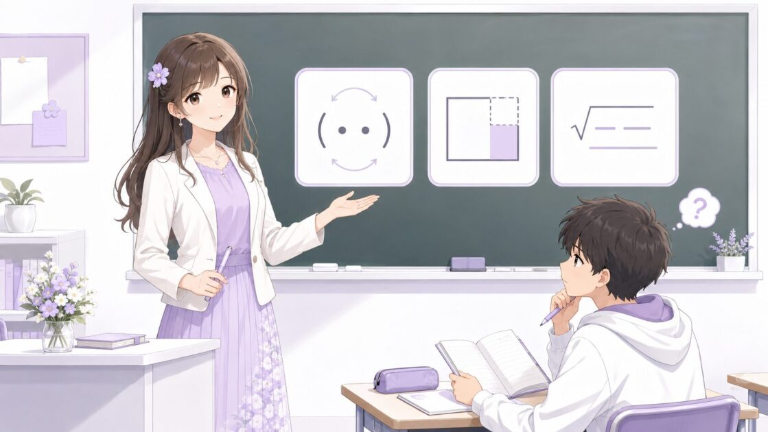 もこあい先生が二次方程式の解き方を黒板で説明し、因数分解・平方完成・解の公式の使い分け理解を助ける挿絵