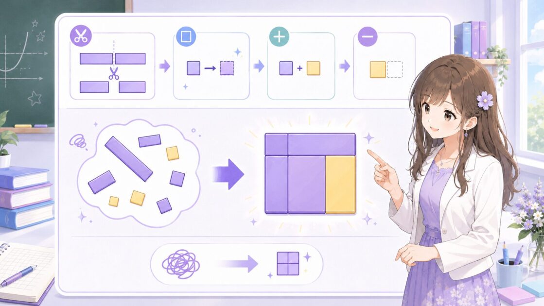 平方完成でbを半分にして2乗し、足して引いて二次式を整える流れを示す図解