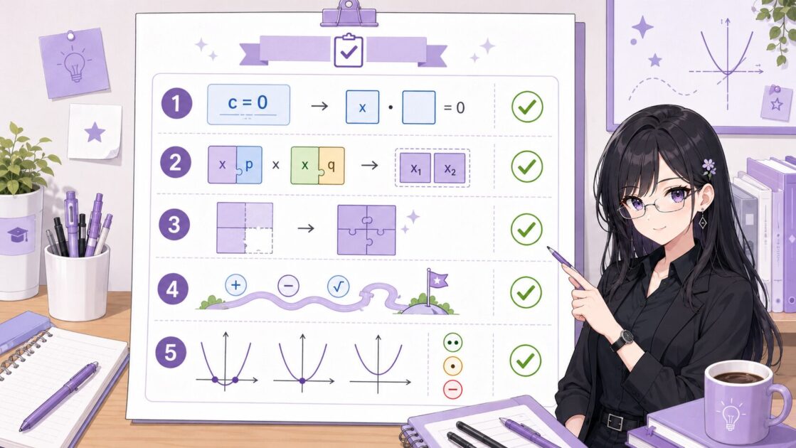 二次方程式の解法選びを1枚で整理したスクショ保存用チェック表