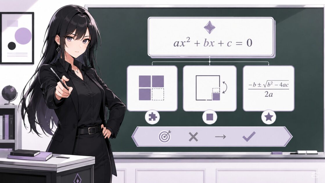 悪もこあい先生が二次方程式は根性ではなく使う道具を選ぶ単元だと伝える挿絵
