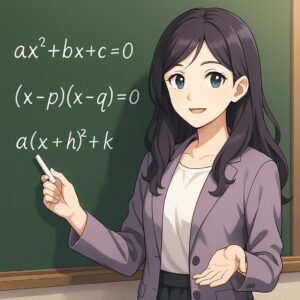 黒板の前でチョークを持ち、二次方程式の基礎を分かりやすく説明するもこあい先生の授業シーン。因数分解や平方完成などの式が黒板に書かれており、高校数学の理解を支える教育イラスト。