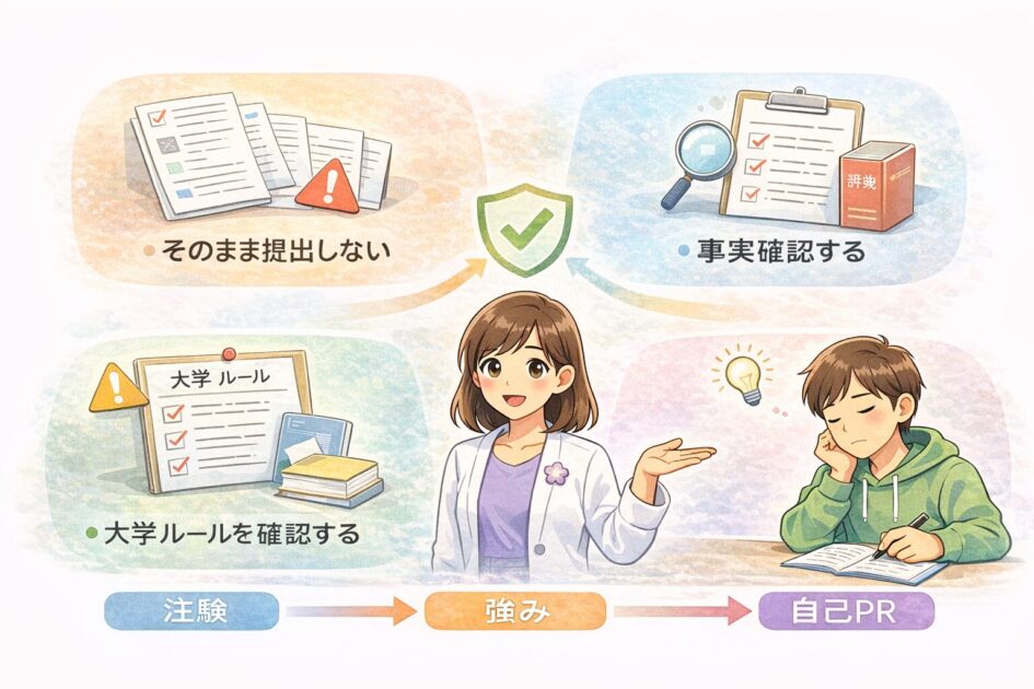 倧åŠçãChatGPTã䜿ããšãã«ãã®ãŸãŸæåºããªãããšãäºå®ç¢ºèªãææ¥ã«ãŒã«ç¢ºèªãå¿
èŠãªããšããŸãšããæ¿çµµ