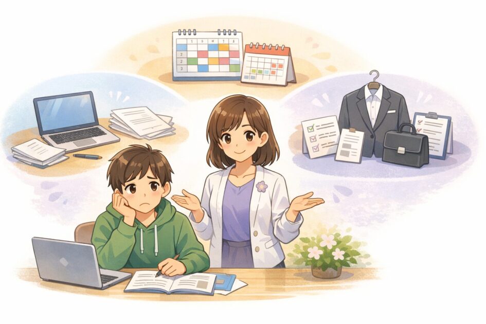 倧åŠç掻ã§è¿·ããããã¬ããŒãã»å±¥ä¿®ã»å°±æŽ»ã®3ã€ã®æ©ã¿ãšChatGPTã®æŽ»çšå Žé¢ãæŽçããæ¿çµµ