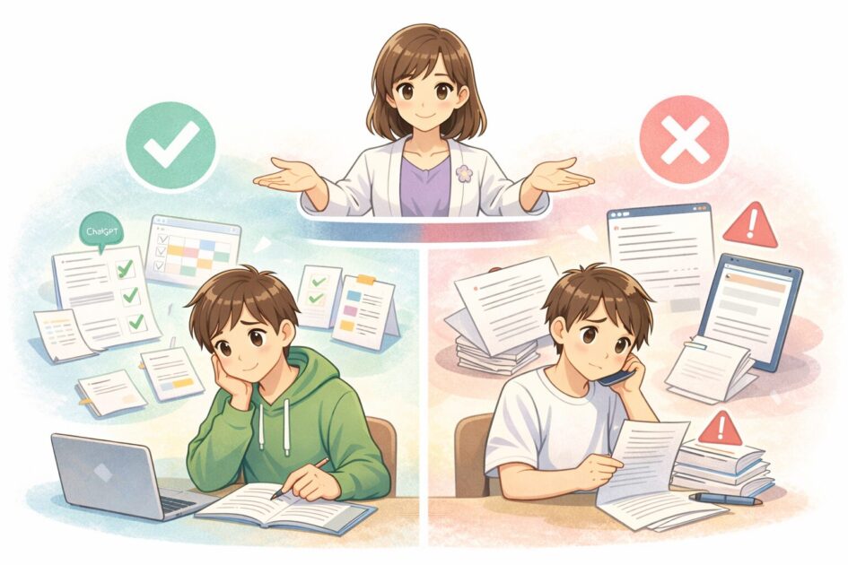 倧åŠçã®ChatGPT掻çšã§æŽçãæ¯èŒãäžæžãã¯åããŠããäžæ¹ã§äžžæããã³ããæåºã¯é¿ããã¹ãããšã瀺ããæ¿çµµ