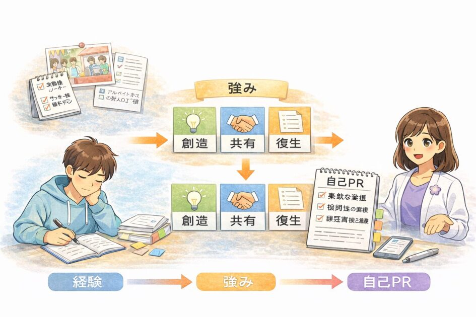 倧åŠç掻ã®çµéšã匷ã¿ã«æŽçããŠèªå·±PRã«ã€ãªããæµãã瀺ããæ¿çµµ