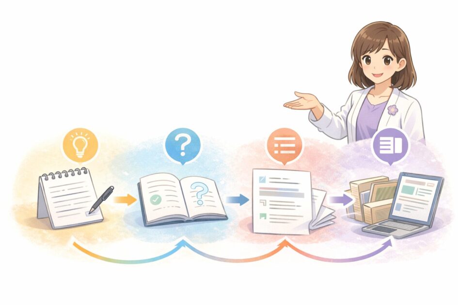 倧åŠã¬ããŒãã§ããŒã決ãããåãã®æŽçãšæ§æã®äœæãšè³æç¢ºèªãžé²ãæµãã瀺ããæ¿çµµ