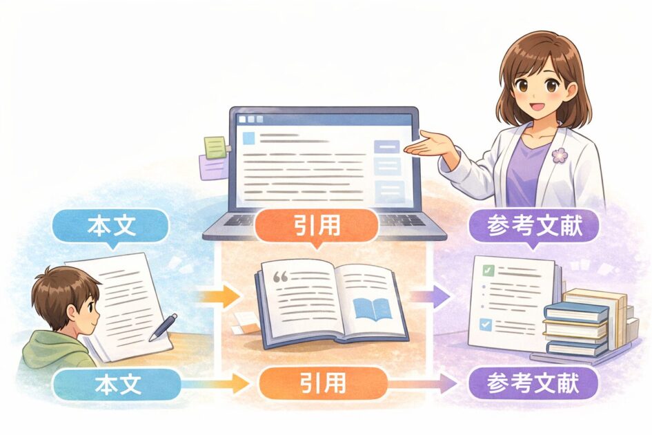 倧åŠã¬ããŒãã§æ¬æãšåŒçšãšåèæç®ãåºå¥ããŠç¢ºèªããæµãã瀺ããæ¿çµµ