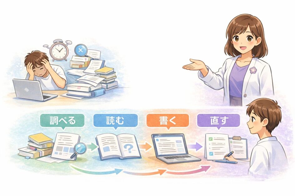 倧åŠã¬ããŒãã§èª¿ã¹ãèªãæžãçŽãã®æéé
åãæŽçããæ¿çµµ