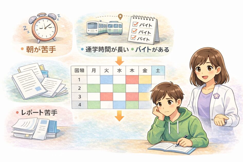 倧åŠã®å±¥ä¿®ç»é²ã§æãèŠæã§éåŠæéãé·ããã€ããããæ¡ä»¶ãæŽçããŠæ¯èŒããæ¿çµµ