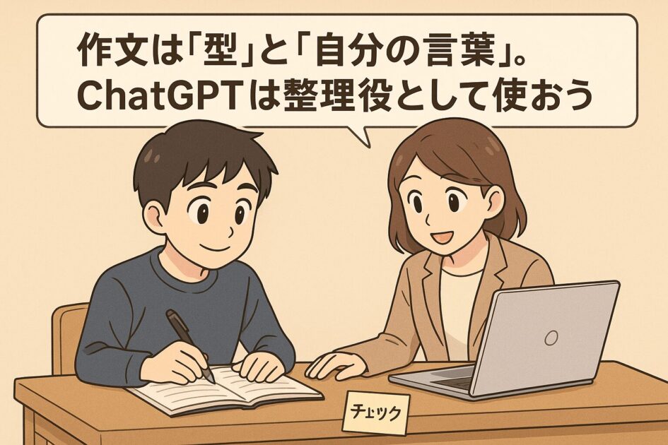健太がノートに向かい、もこあい先生とChatGPTで作文の構成を整えている場面（作文の書き出しとプロンプト設計の理解を助ける）