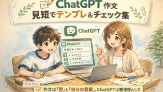 ChatGPTで作文のテンプレとチェックを使い、健太が先生と机で構成を整えている場面（作文を順番で書く理解を助ける）