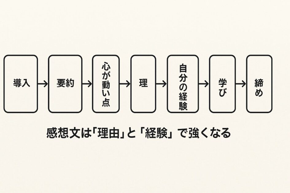 感想文の型（導入→要約→心が動いた点→理由→自分の経験→学び→締め）を示す図