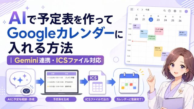 AIで予定表を作りGemini連携やICSファイルでGoogleカレンダーに入れる流れを示した図解