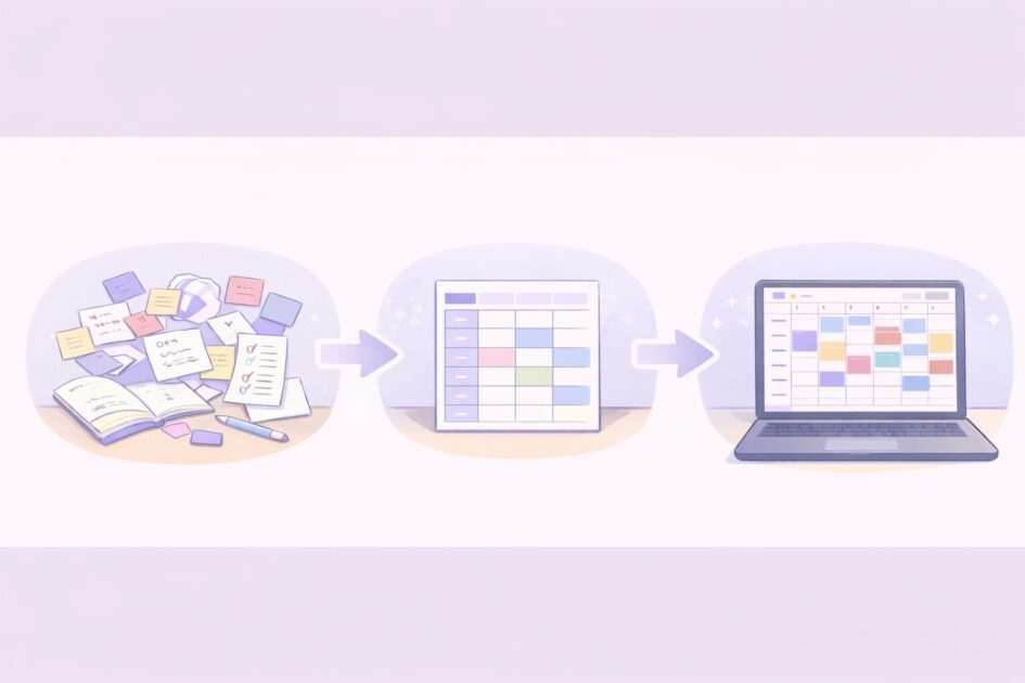 ChatGPTで予定整理しカレンダー用に整えて取り込む3ステップを示した挿絵