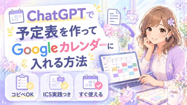 ChatGPTで予定表を作りGoogleカレンダーに入れる方法をやさしく示したアイキャッチ画像