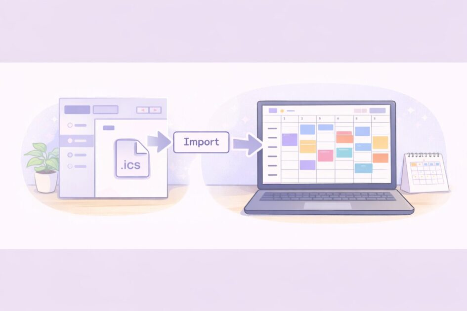 パソコンのカレンダー画面にICSファイルを取り込む流れをやさしく示した挿絵