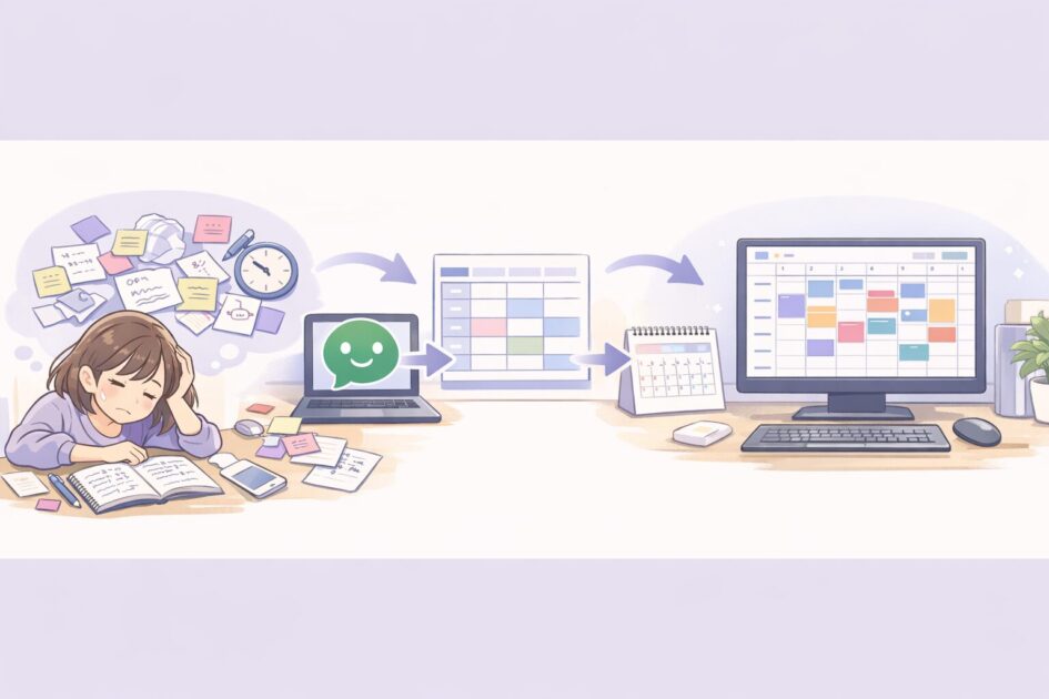 頭の中で散らかった予定をChatGPTで整理しカレンダーに入れる流れを示した挿絵