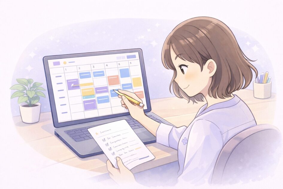 AIが作った予定表を最後は自分で見直して調整する大切さを示した挿絵