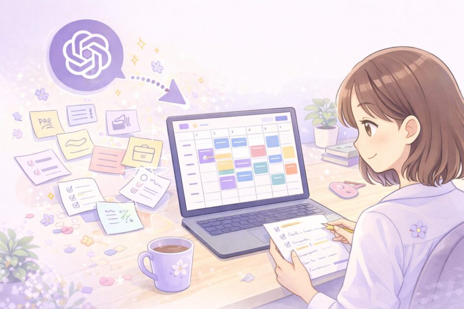 散らかった予定メモをAIで見やすい予定表の土台に整理している場面の挿絵