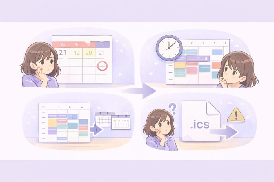 カレンダー取り込み時によくある失敗を確認ポイントごとに整理した挿絵