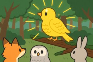光に包まれた鳥が空を飛ぶ寓話的なイラスト。知の象徴として希望を感じさせる。