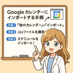 もこあい先生がホワイトボードの前で、Googleカレンダーの使い方を笑顔でやさしく説明しているイラスト