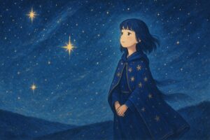 星空の下、丘の上で静かに空を見上げるもこあい先生。紺色の星柄ローブが夜風になびき、希望をたたえた瞳で未来を見つめている。