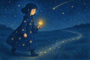 夜の草原を歩くもこあい先生が、手にした小さな光を頼りに前へ進む。星々が道となって彼女を導き、流れ星が夜空に軌跡を描いている。