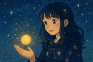 もこあい先生が手のひらの上に浮かぶ光を見つめて微笑む。星空の下、光の粒が宙に舞い上がり、希望と不思議さが広がる場面。