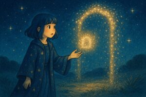 星の粒で形作られた輝く扉を前に、もこあい先生が驚きながら手を伸ばす。夜空に浮かぶ星の光が扉となり、未知への道を照らしている。