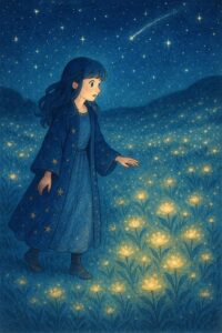 輝く花が一面に広がる夜の草原で、もこあい先生が驚いた表情で歩みを進める。星空と光の花々が幻想的に輝くシーン。