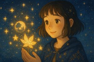 もこあい先生が光る花と星の粒を見つめる。星粒には記憶のような景色が浮かび、優しい笑みで思い出に触れる場面。