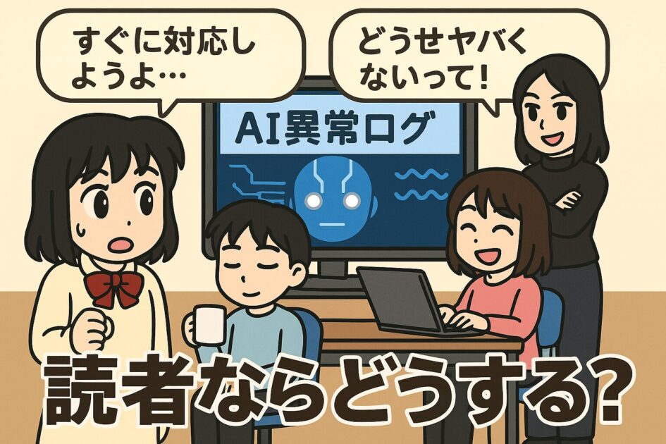 研究室の中で、もこあい先生がAIモニターの異常に焦っている様子。健太はコーヒーを飲みながら落ち着き、恵子は笑ってパソコンを見ており、悪もこあい先生は腕を組んで微笑んでいる。ホワイトボードには「AI異常ログ」と書かれている