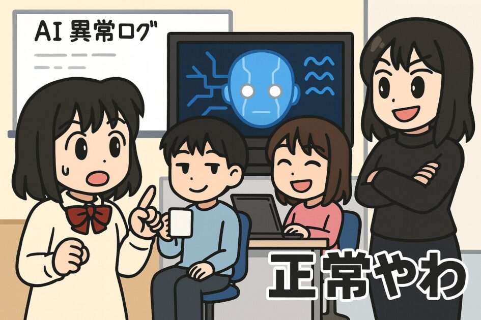 研究室の中で、もこあい先生がAIモニターの異常に焦っている様子。健太はコーヒーを飲みながら落ち着き、恵子は笑ってパソコンを見ており、悪もこあい先生は腕を組んで微笑んでいる。ホワイトボードには「AI異常ログ」と書かれている。