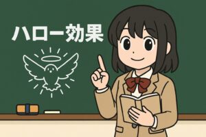 黒板の前でハロー効果をやさしく説明するもこあい先生の講義風イラスト。温かい教室の雰囲気。