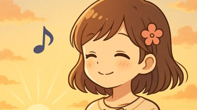 朝日の中で手を胸に当てながら微笑むもこあい先生。思想の“はじまりの音”を感じているシーンを描いたやさしいイラスト。