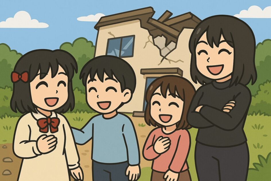 屋外で安堵する4人。崩れた研究室を背にして笑い合う。もこあい先生、恵子、健太、悪もこあい先生が夕焼けの下で温かく微笑む。