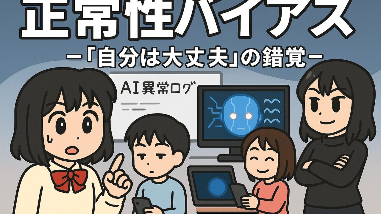 もこあい先生がAI異常ログを見て驚くシーン。背後で恵子と健太、悪もこあい先生が落ち着いた様子で反応している。正常性バイアスをテーマにしたアイキャッチ画像。