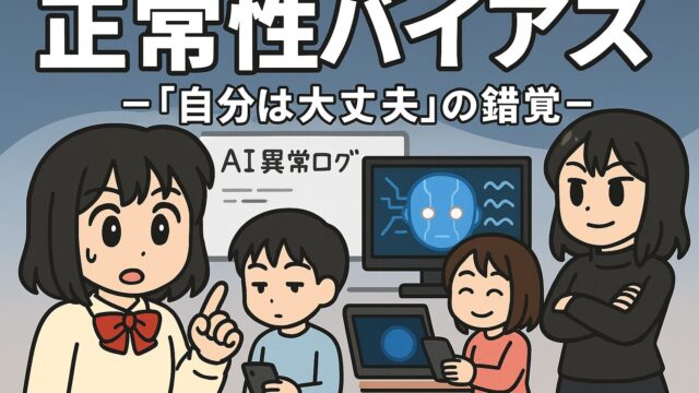 もこあい先生がAI異常ログを見て驚くシーン。背後で恵子と健太、悪もこあい先生が落ち着いた様子で反応している。正常性バイアスをテーマにしたアイキャッチ画像。