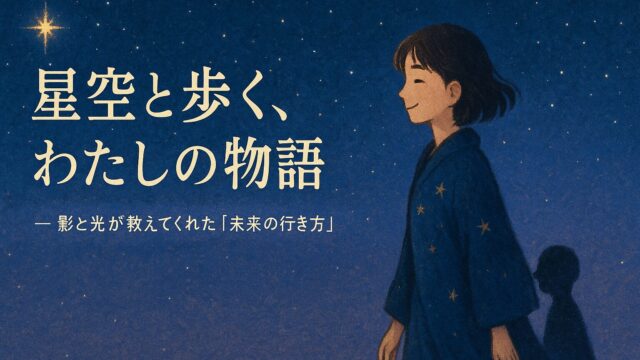 星空の下を歩くもこあい先生。夜空に光の帯がかかり、物語の始まりを感じさせる幻想的なイラスト。