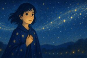 星の風に導かれるように夜空を見つめるもこあい先生（決意の表情） 