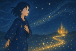 星の光がつながる道を歩き、光の庭へ向かうもこあい先生（希望の微笑み） 