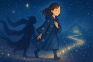 影の風に背中を押され、微笑みながら星の道を進むもこあい先生 