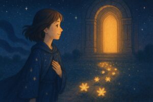 光の花が咲く道を進み、微笑みながら光の扉の前に立つもこあい先生 