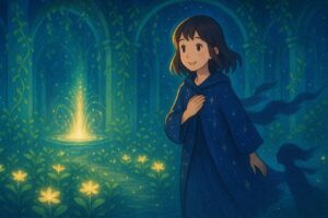 光る植物が咲く庭の中心で、新しい世界にワクワクするもこあい先生 