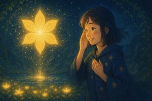 光の花と共鳴し涙をぬぐいながら笑顔で見つめるもこあい先生 