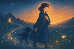 光の庭を背に夜明けへ歩き出し、微笑むもこあい先生と寄り添う影 