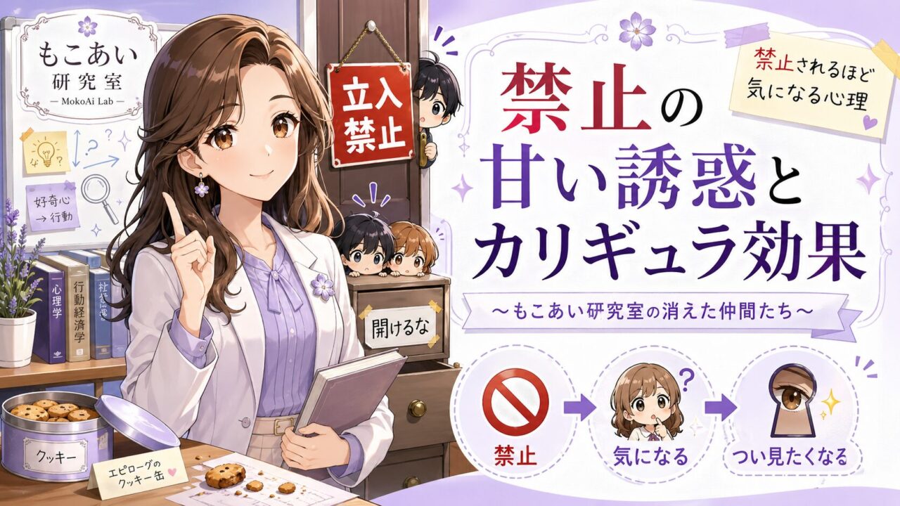 もこあい先生が研究室で「禁止されるほど気になる心理」を説明し、立入禁止や開けるなという要素でカリギュラ効果を示すアイキャッチ