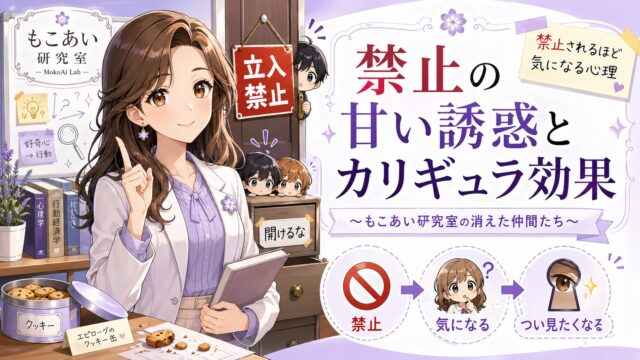 もこあい先生が研究室で「禁止されるほど気になる心理」を説明し、立入禁止や開けるなという要素でカリギュラ効果を示すアイキャッチ