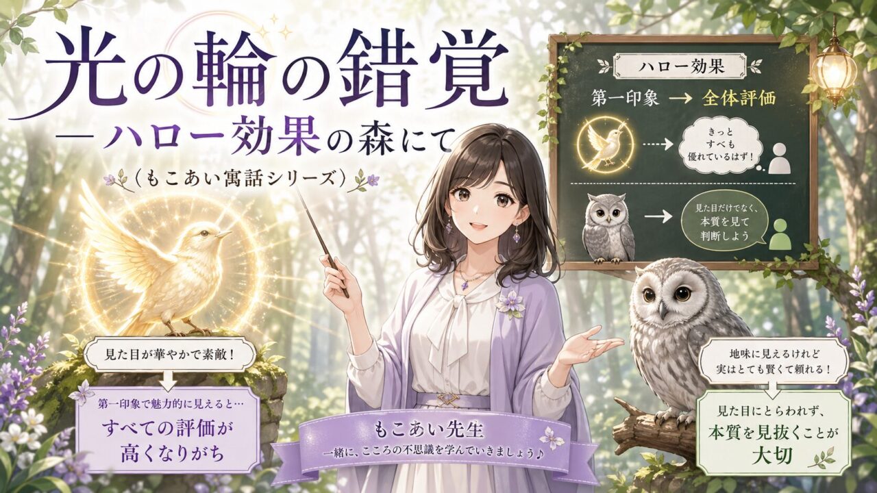 もこあい先生が森でハロー効果を説明し、輝く鳥と灰色のフクロウを通して第一印象が全体評価に影響する様子を示すアイキャッチ